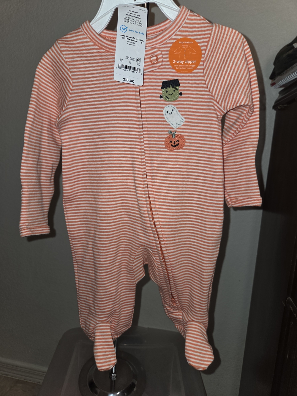 Children's Orange Stripe 2-Way Zipper One-Piece Sleepwear
